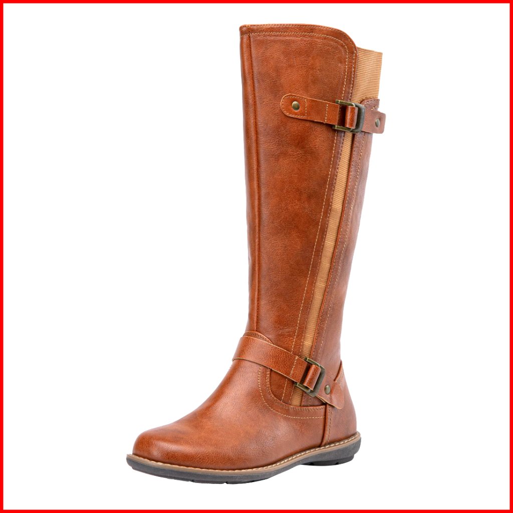 Knee High Riding Boots With Buckle And Side Zip, Synthetic Leather
